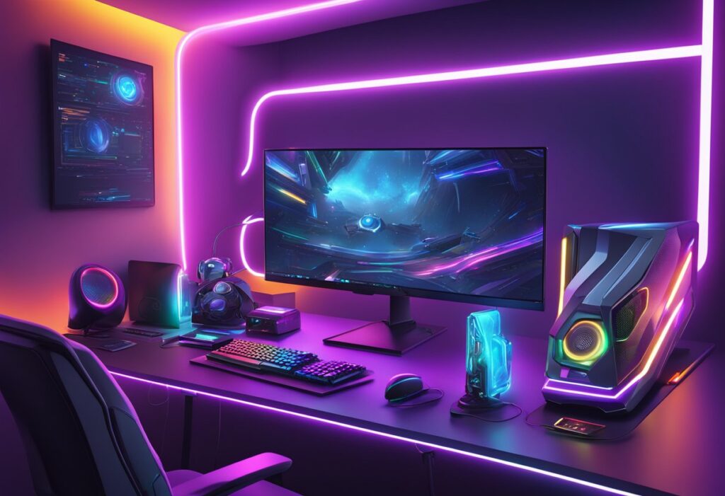 Fortnite PC Specs Requirements: What You Need to Run the Game Smoothly 2 Fortnite PC Specs Requirements - A futuristic gaming setup with a high-powered PC, sleek monitor, and cutting-edge peripherals, all illuminated by colorful LED lights